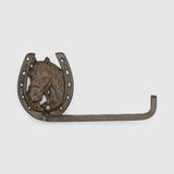 Cast iron horseshoe tissue holder, horse head detail with patina finish, mounted home accent