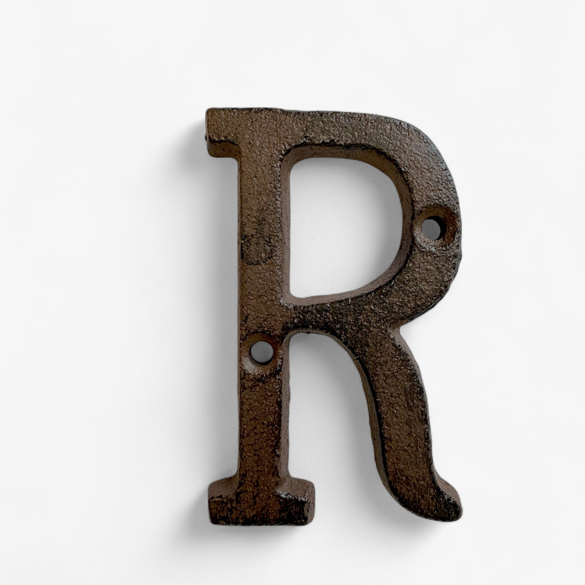 Individual rustic cast iron letter R, dark brown aged finish, wall mountable