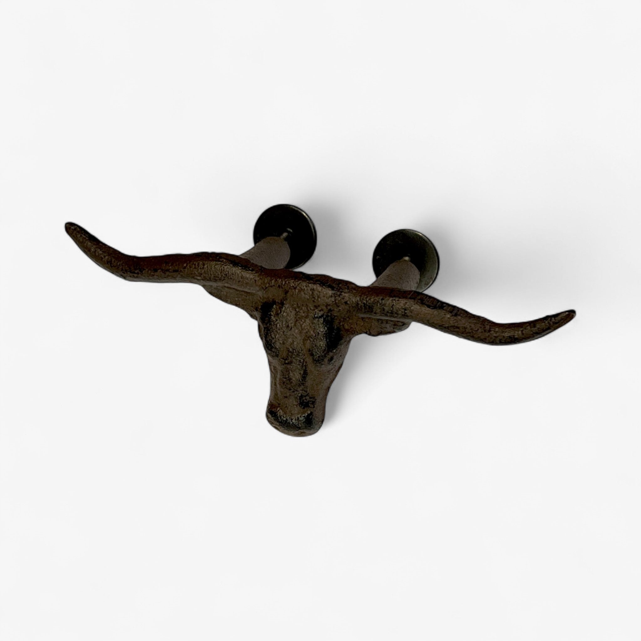 Bronze cast iron longhorn skull drawer pull with extended horns, front view