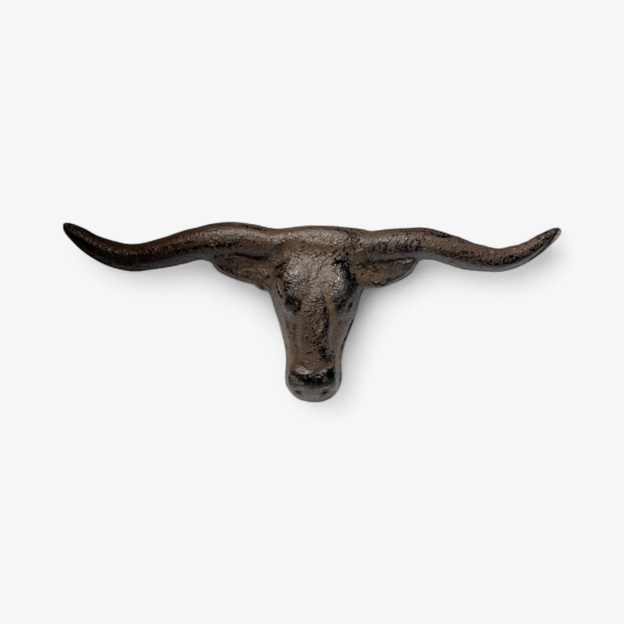 Cast iron longhorn skull pull with curved long horns, angled side perspective