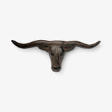 Cast iron longhorn skull pull with curved long horns, angled side perspective