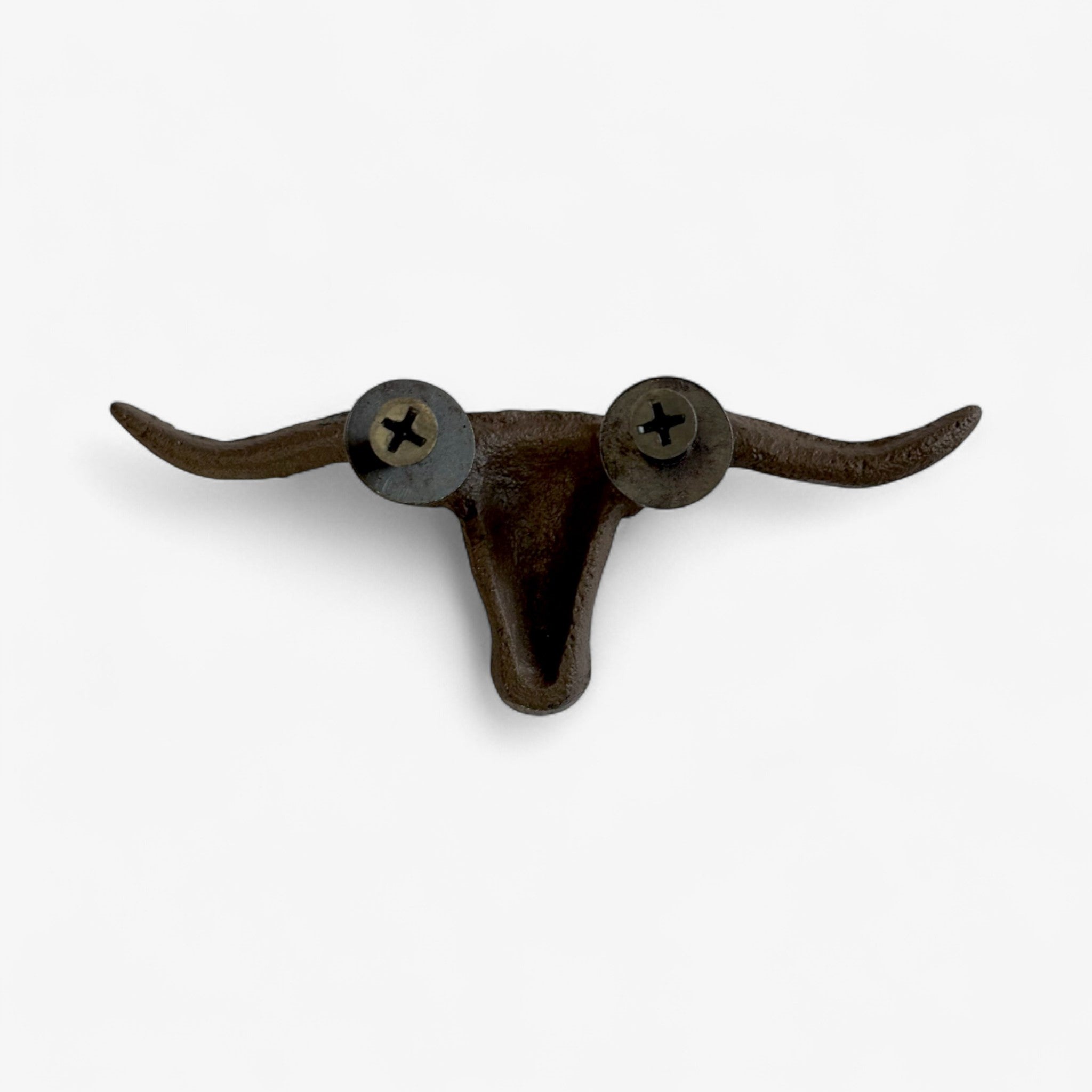 Rustic cast iron longhorn skull hardware pull with cross-marked metal knobs