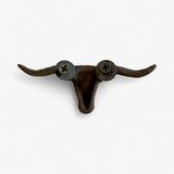 Rustic cast iron longhorn skull hardware pull with cross-marked metal knobs