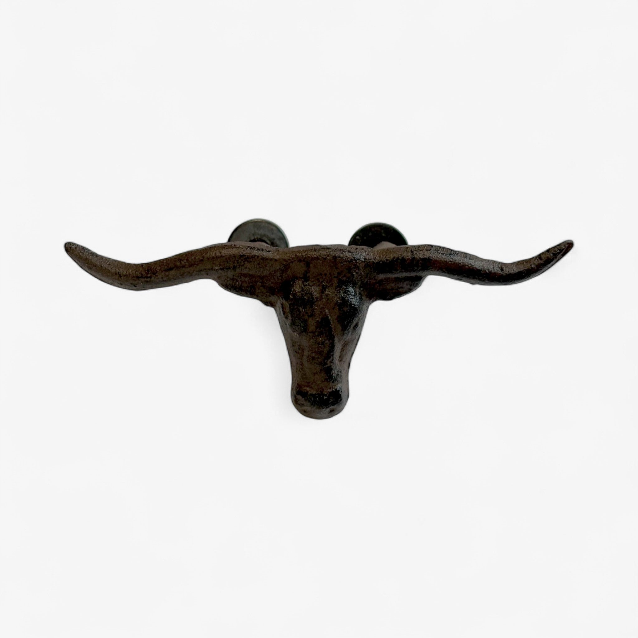 Dark patina cast iron longhorn skull drawer hardware, weathered finish