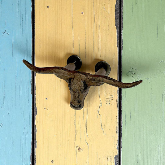 Rustic Cast Iron Longhorn Bull Skull Drawer Pull, Western Ranch Wall Decor