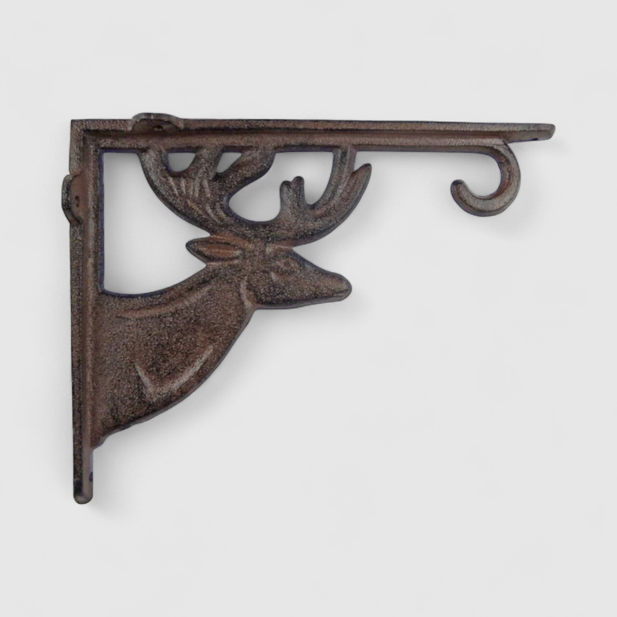 Cast iron deer head shelf bracket featuring detailed profile silhouette and decorative scroll design