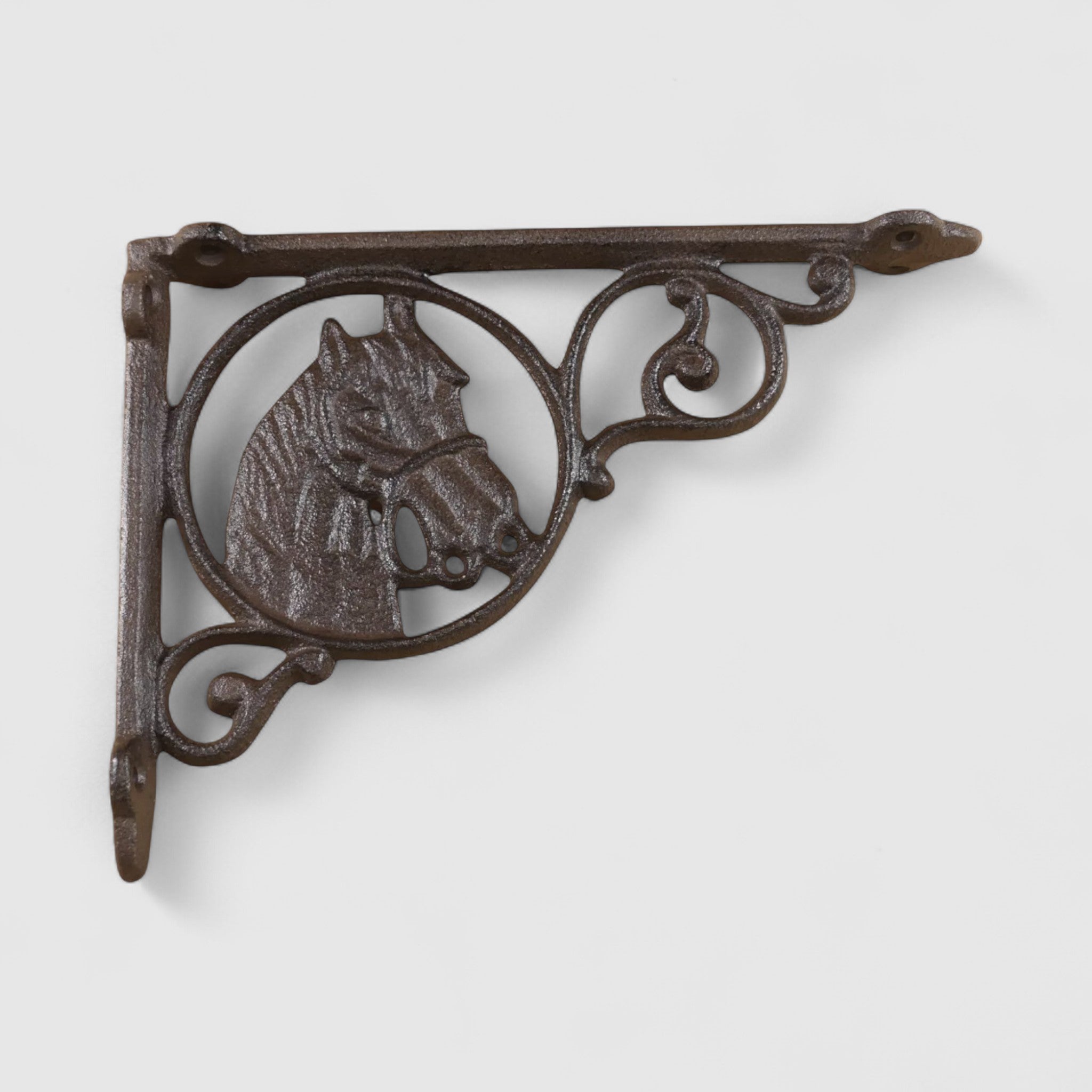 Ornate dark brown cast iron equestrian shelf bracket with detailed horse head design