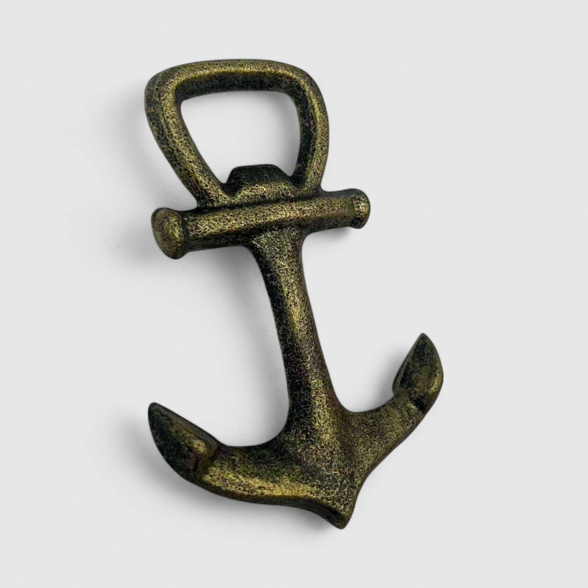 Bronze cast iron anchor bottle opener, full view showing textured weathered patina