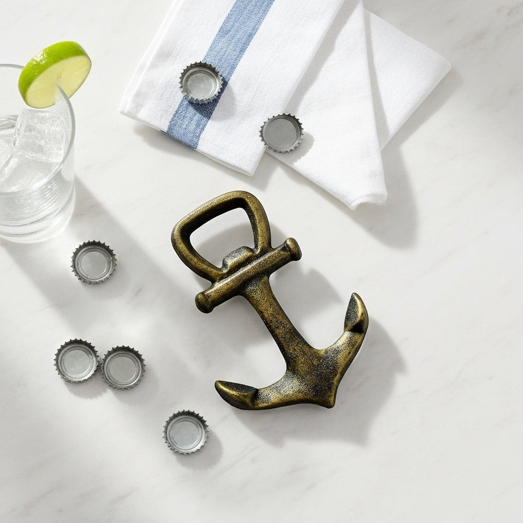 Antique bronze cast iron anchor bottle opener with cocktail glasses and towel styling