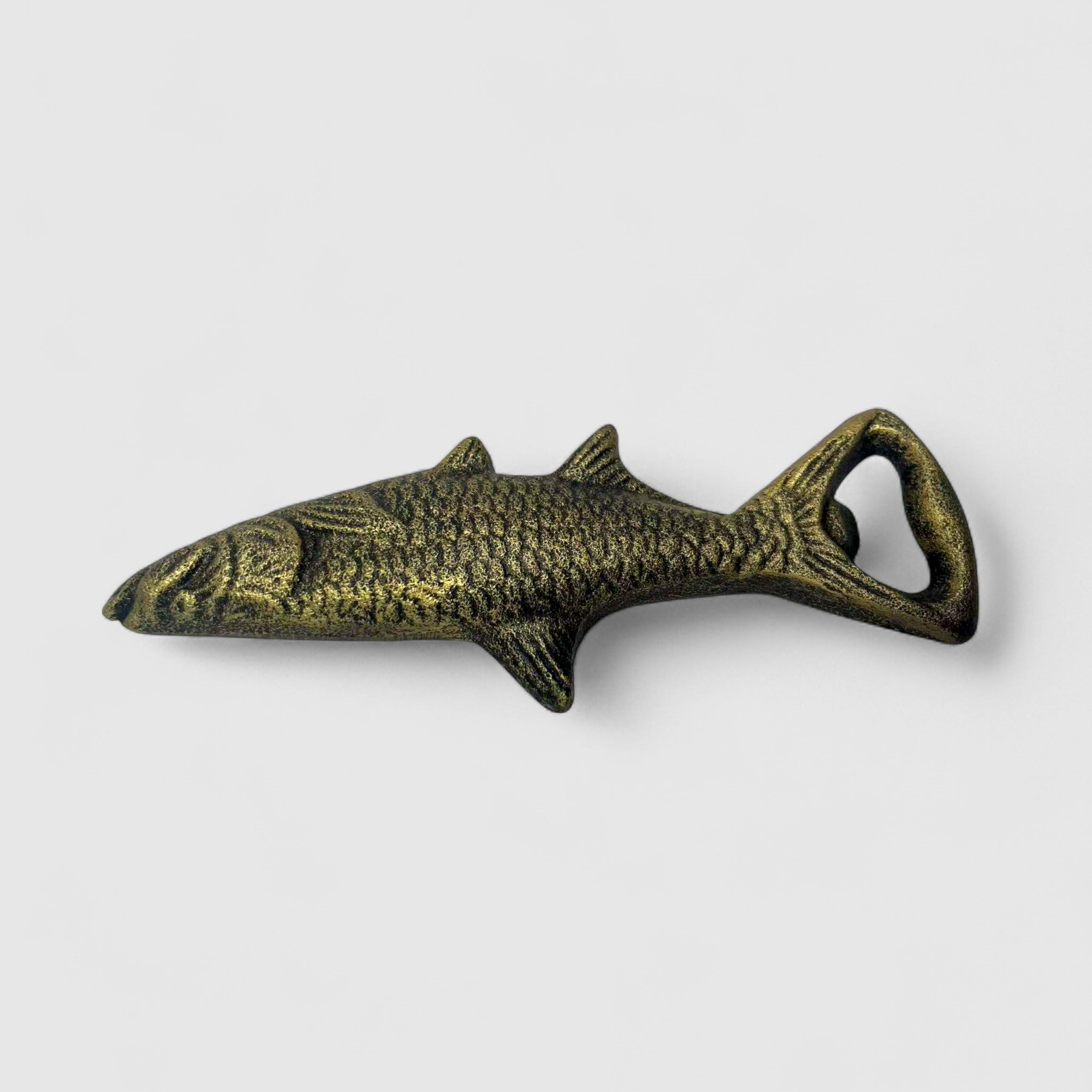 Distressed bronze fish bottle opener 3D view, functional bar kitchen decor