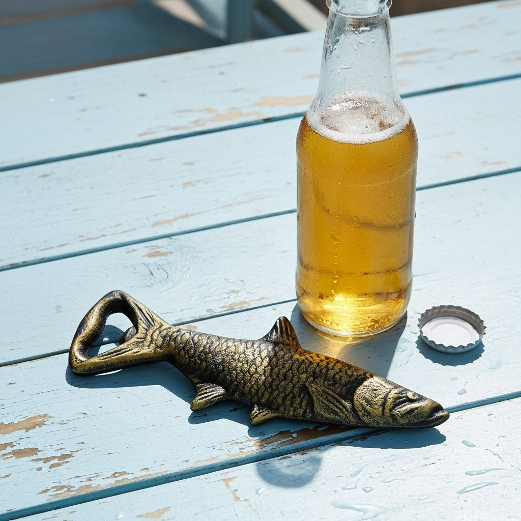 Bronze cast iron fish bottle opener on rustic table with beer, nautical bar tool