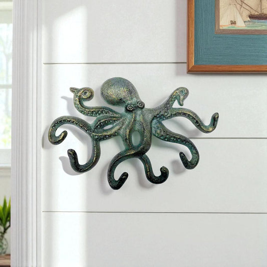 Octopus Hook, Cast Iron Green Bronze Nautical Wall Decor