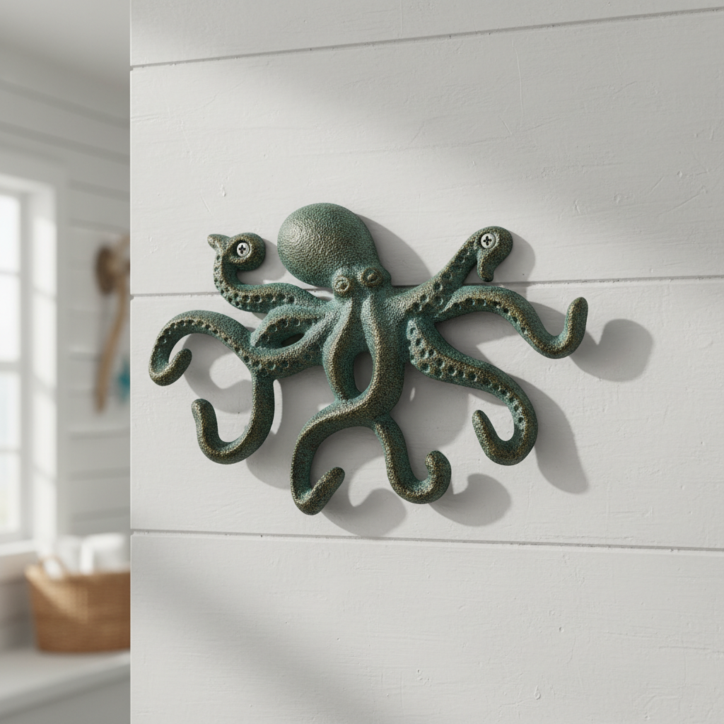 Green bronze cast iron octopus nautical wall hook with verdigris patina and suction cups