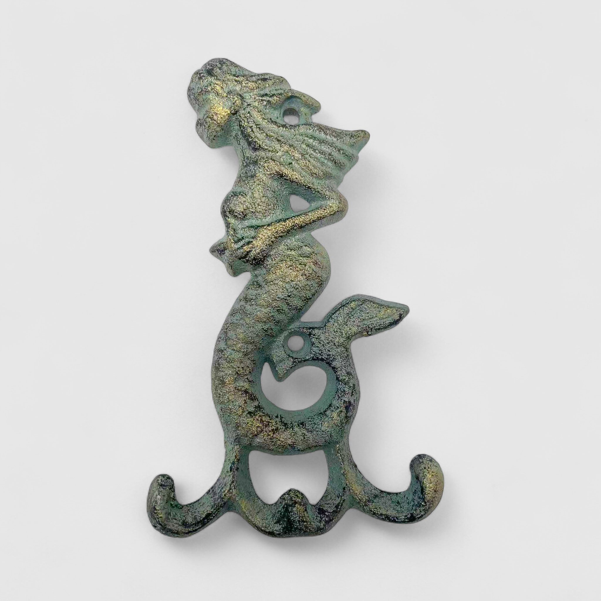 Aged green cast iron mermaid hook with tail detail, beach house decor