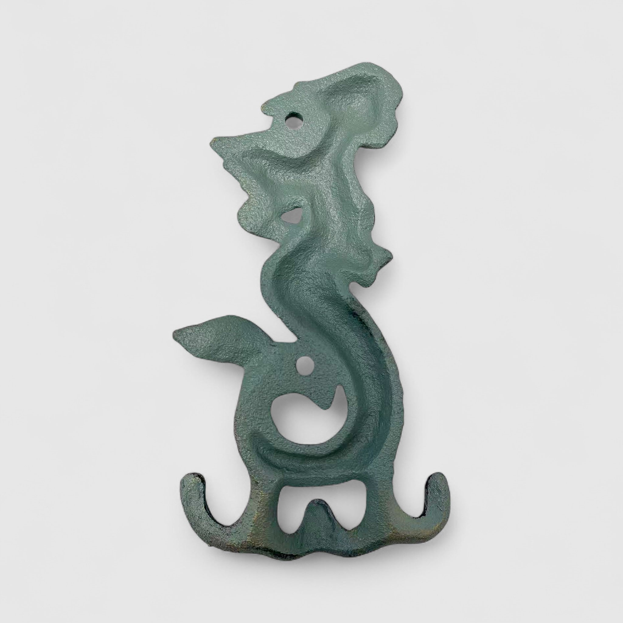 Vintage patina cast iron mermaid figure hook, nautical wall hanging