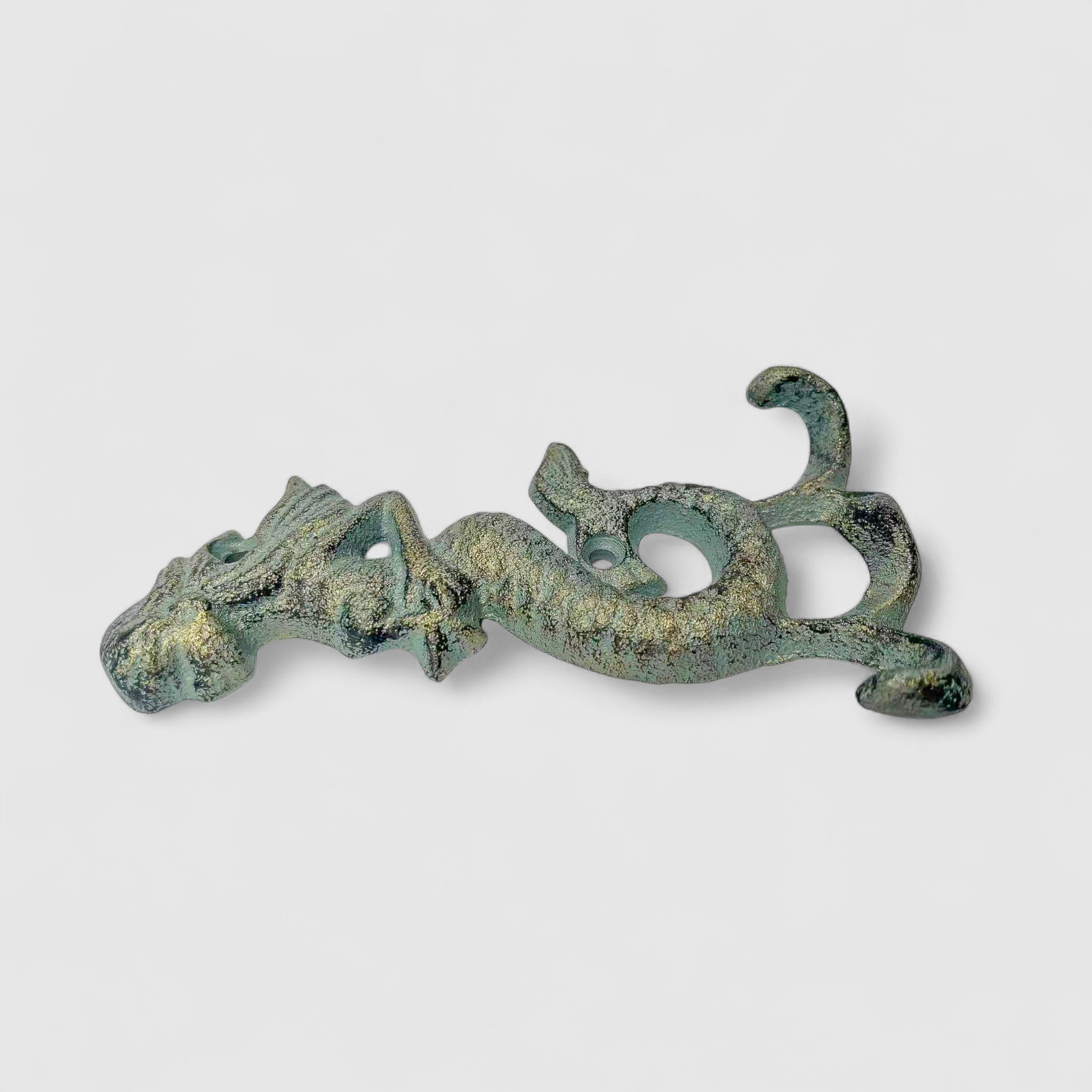 Textured green patina cast iron seahorse hook, coastal home decoration