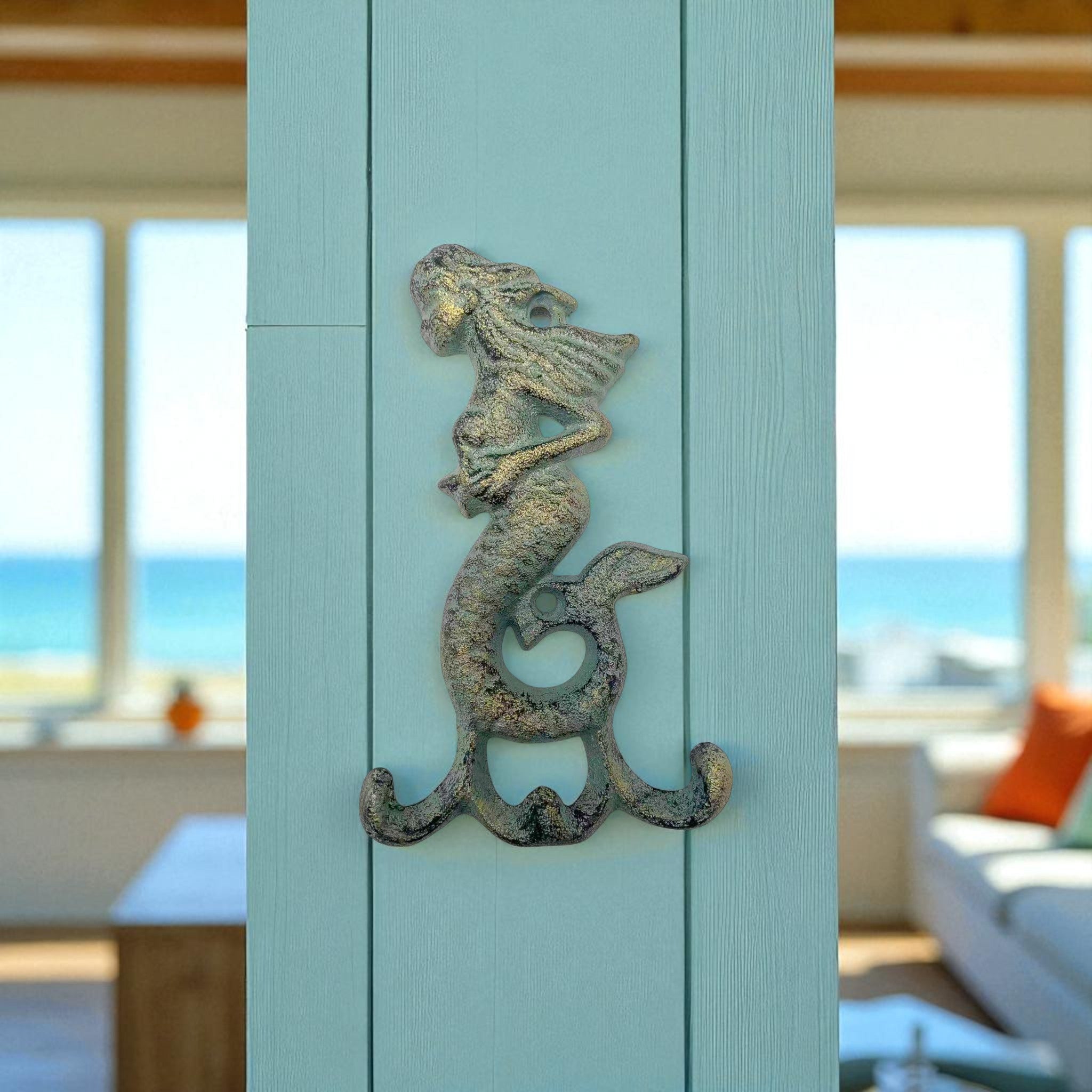Verdigris cast iron mermaid wall hook, nautical seaside decor with curves