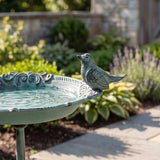 Pedestal Bird Bath with Bird, Green Patina Cast Iron Garden Decor, 15.5" GB78001 shot 2