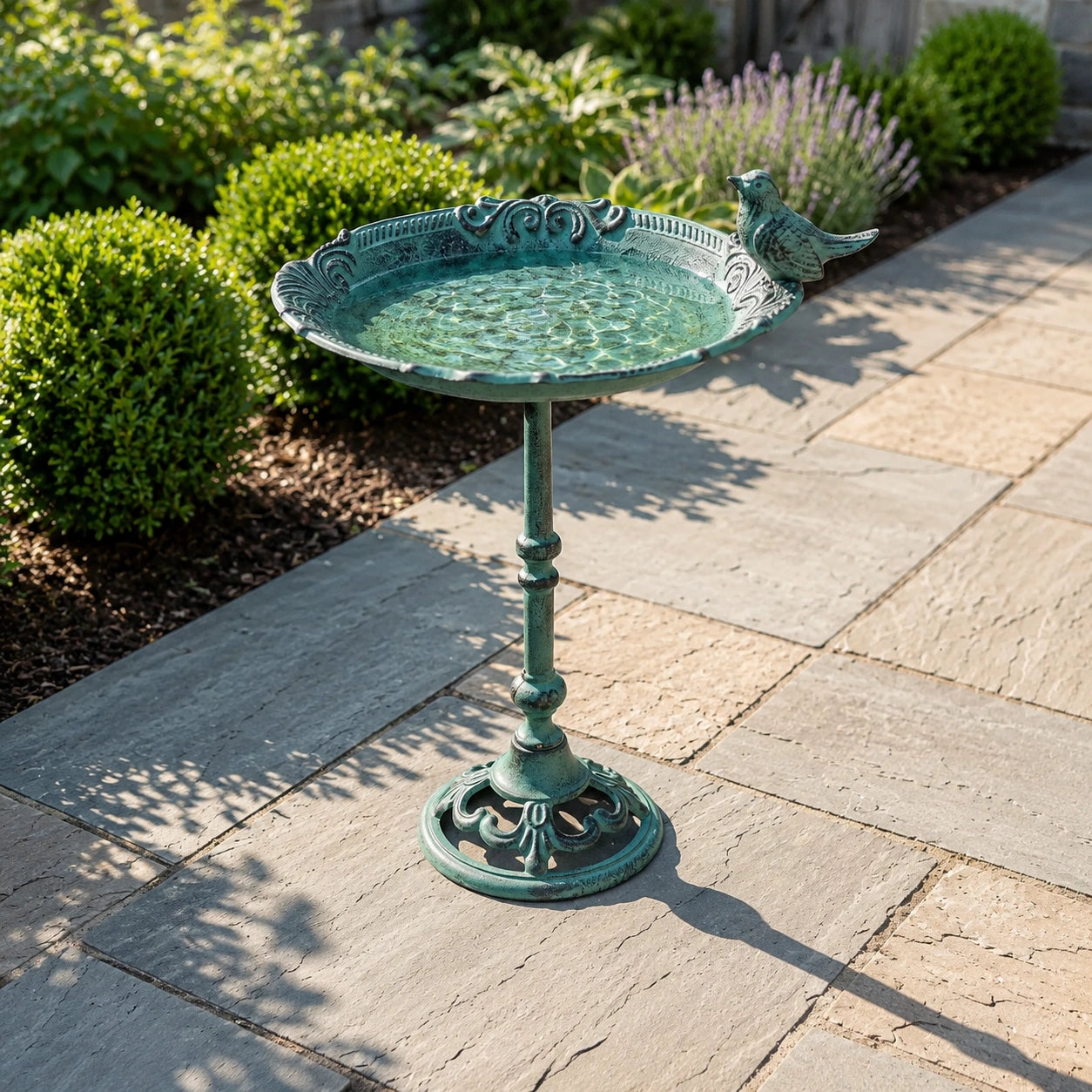 Pedestal Bird Bath with Bird, Green Patina Cast Iron Garden Decor, 15.5" GB78001 shot 4