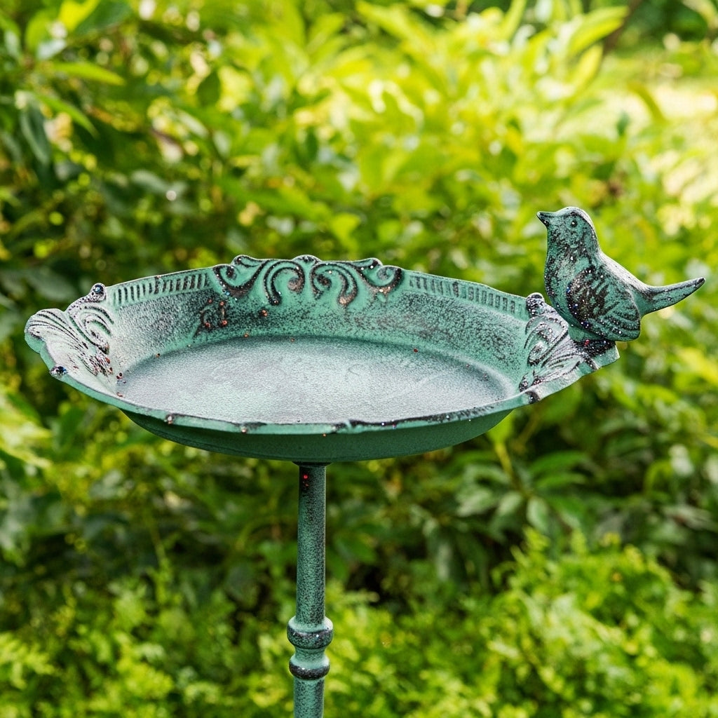 Pedestal Bird Bath Cast Iron Green Patina Garden Decor