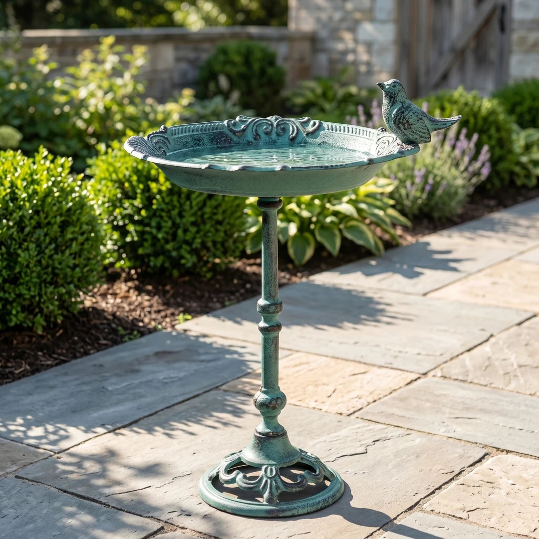 Pedestal Bird Bath with Bird, Green Patina Cast Iron Garden Decor, 15.5" GB78001 shot 1