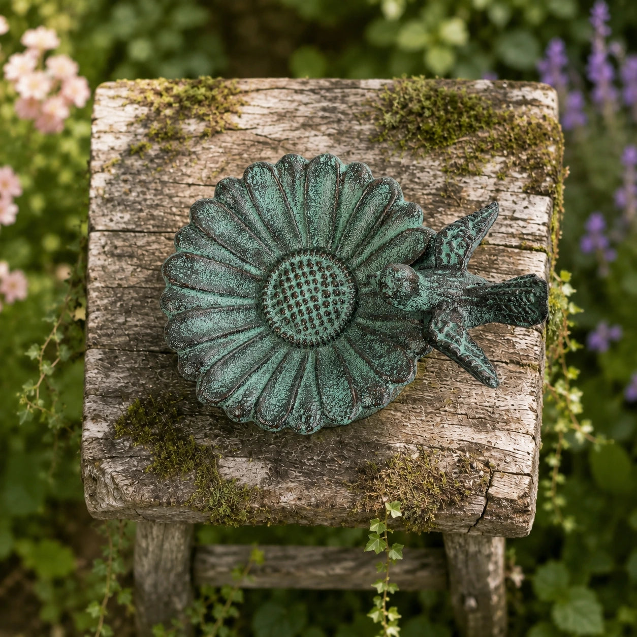 Sunflower Bird Bath and Feeder, Verdigris Cast Iron Pedestal, 6.8" GB78002 shot 4