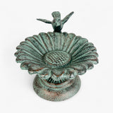 Verdigris cast iron sunflower bird bath with sculptured bird, overhead view