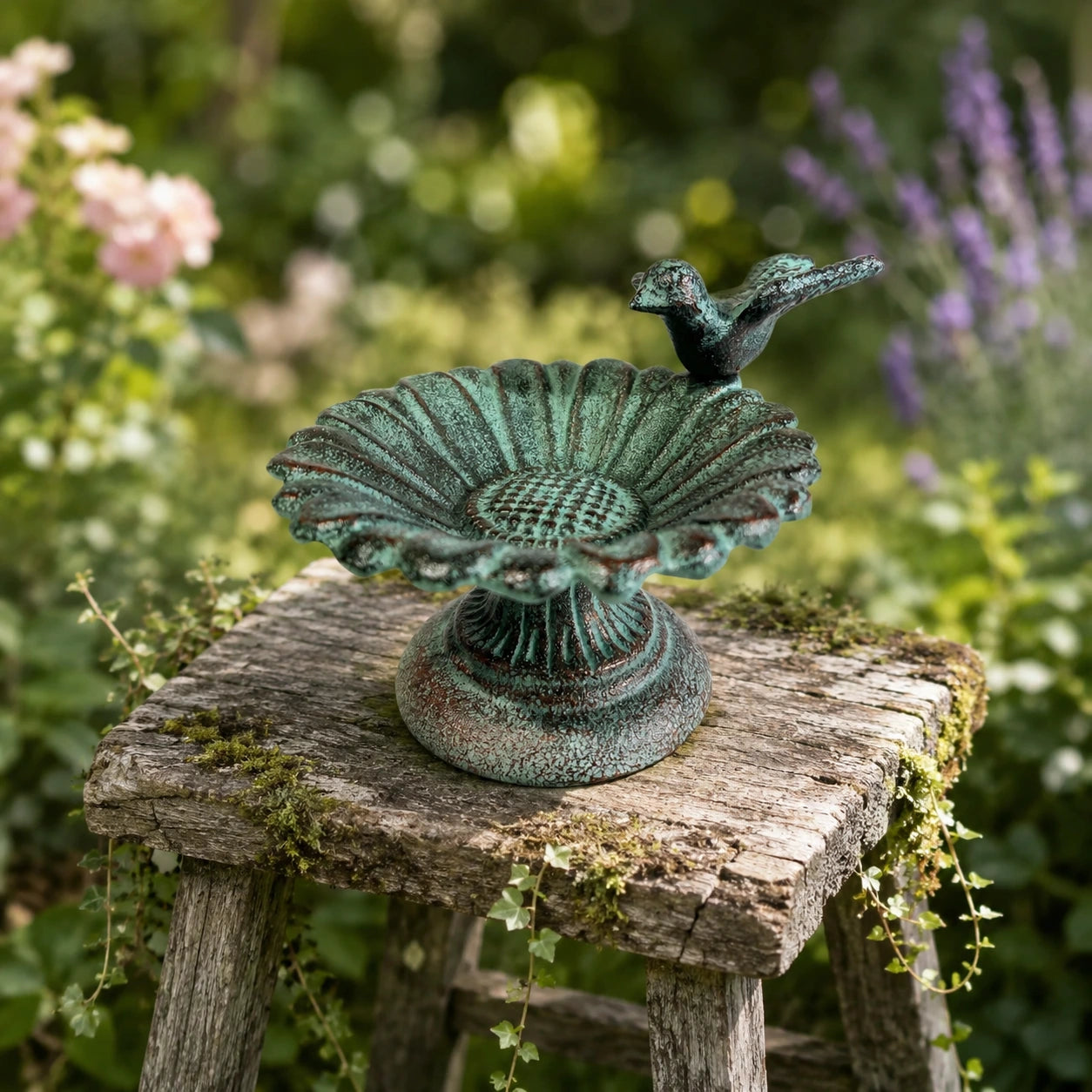 Sunflower Bird Bath and Feeder, Verdigris Cast Iron Pedestal, 6.8" GB78002 shot 1