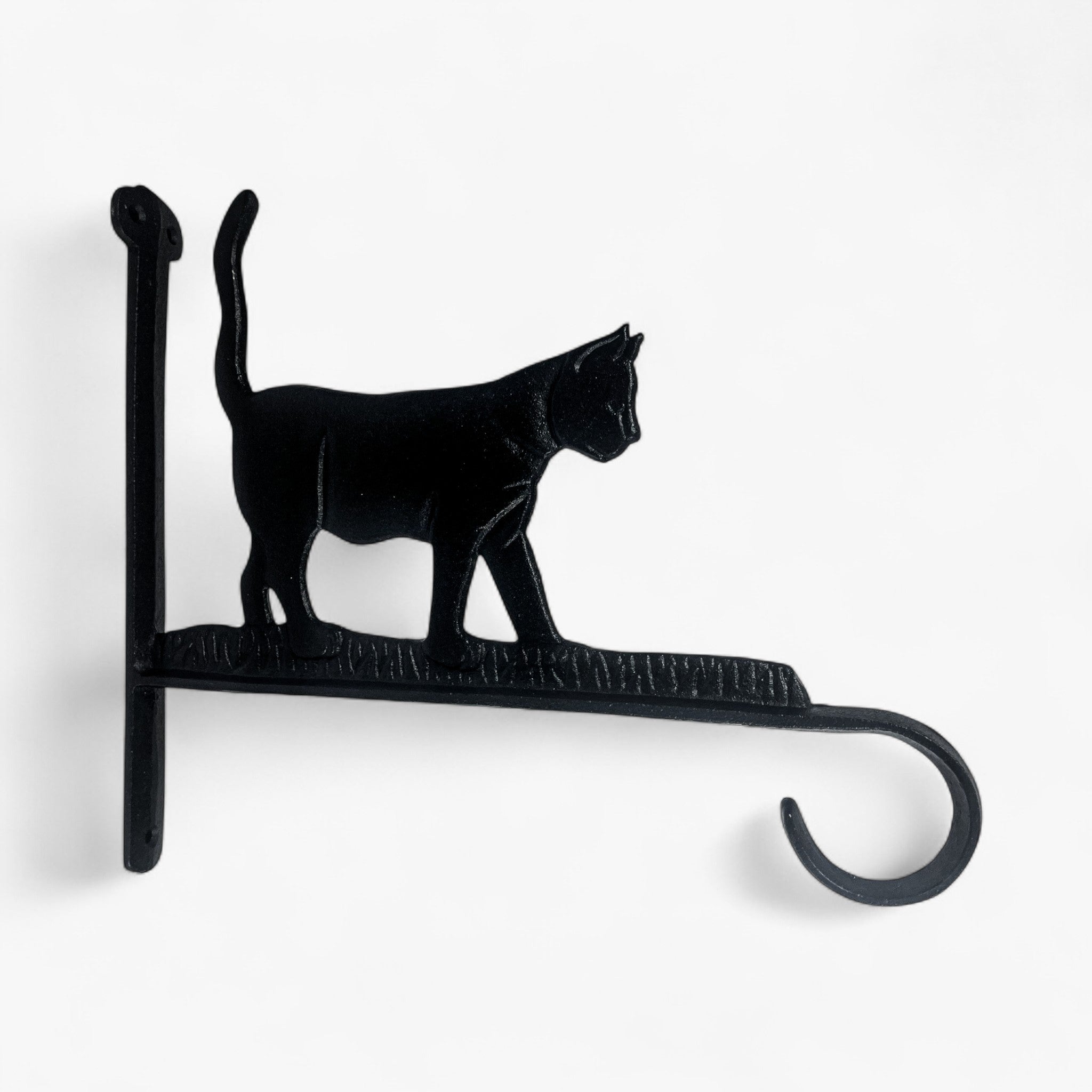 Black cast iron cat plant hanger showing full silhouette with curved tail and hook detail