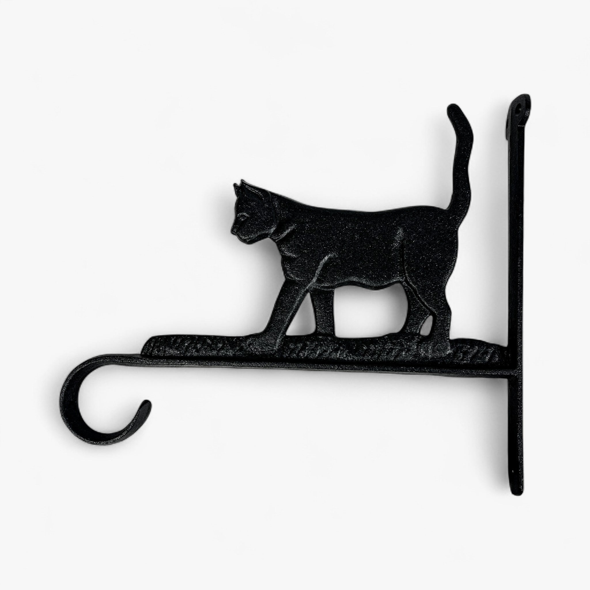 Black cast iron cat bracket with fine detail texture and extended tail hook visible