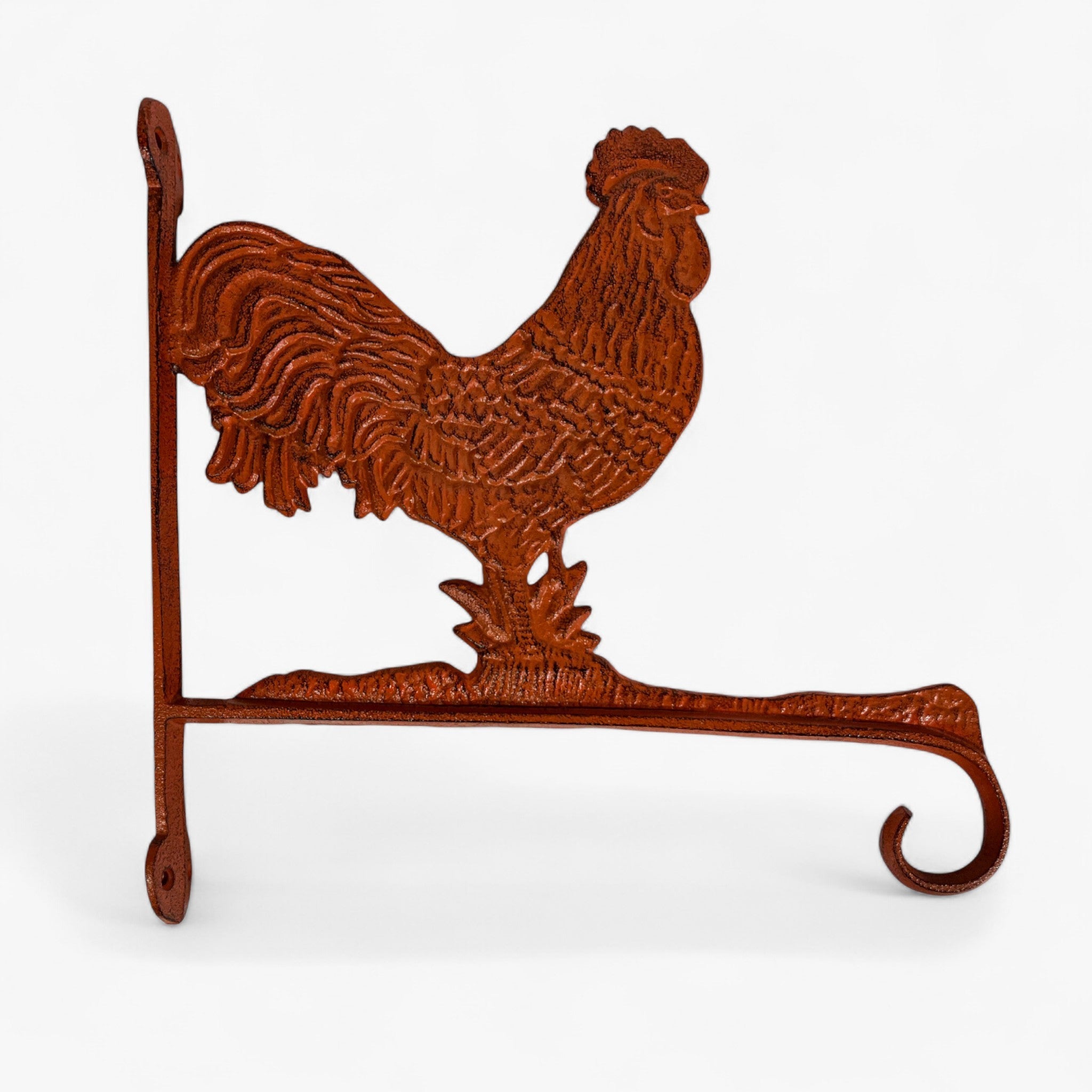 Full view rustic cast iron rooster plant hanger bracket with curved support arms