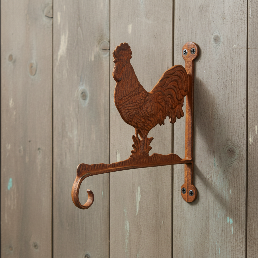 Rust-finish cast iron rooster wall bracket with scrolled ornamental support arms