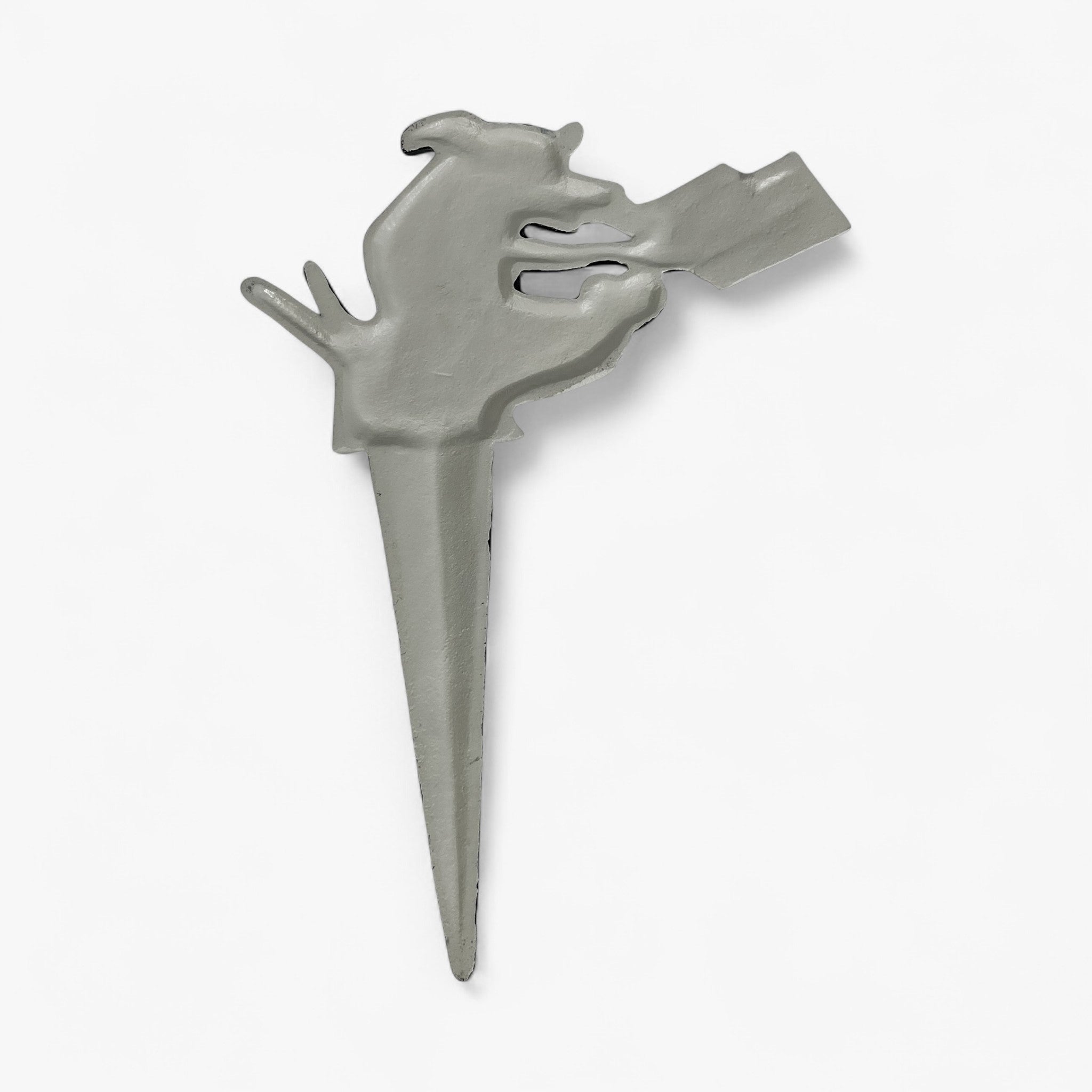 Gray cast iron dog garden stake yard ornament with sign holder detail