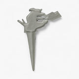 Gray cast iron dog garden stake yard ornament with sign holder detail