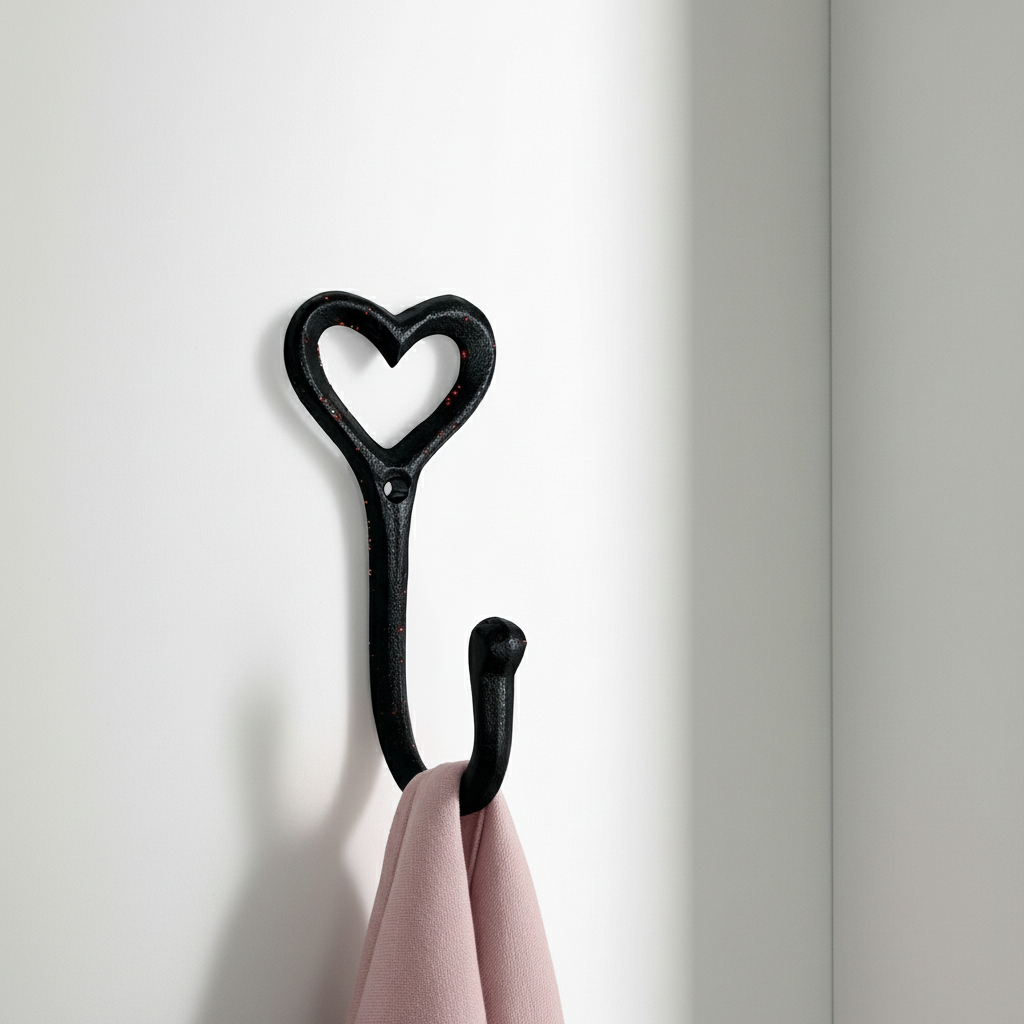 Black cast iron heart hook wall mounted hanger with hanging fabric detail