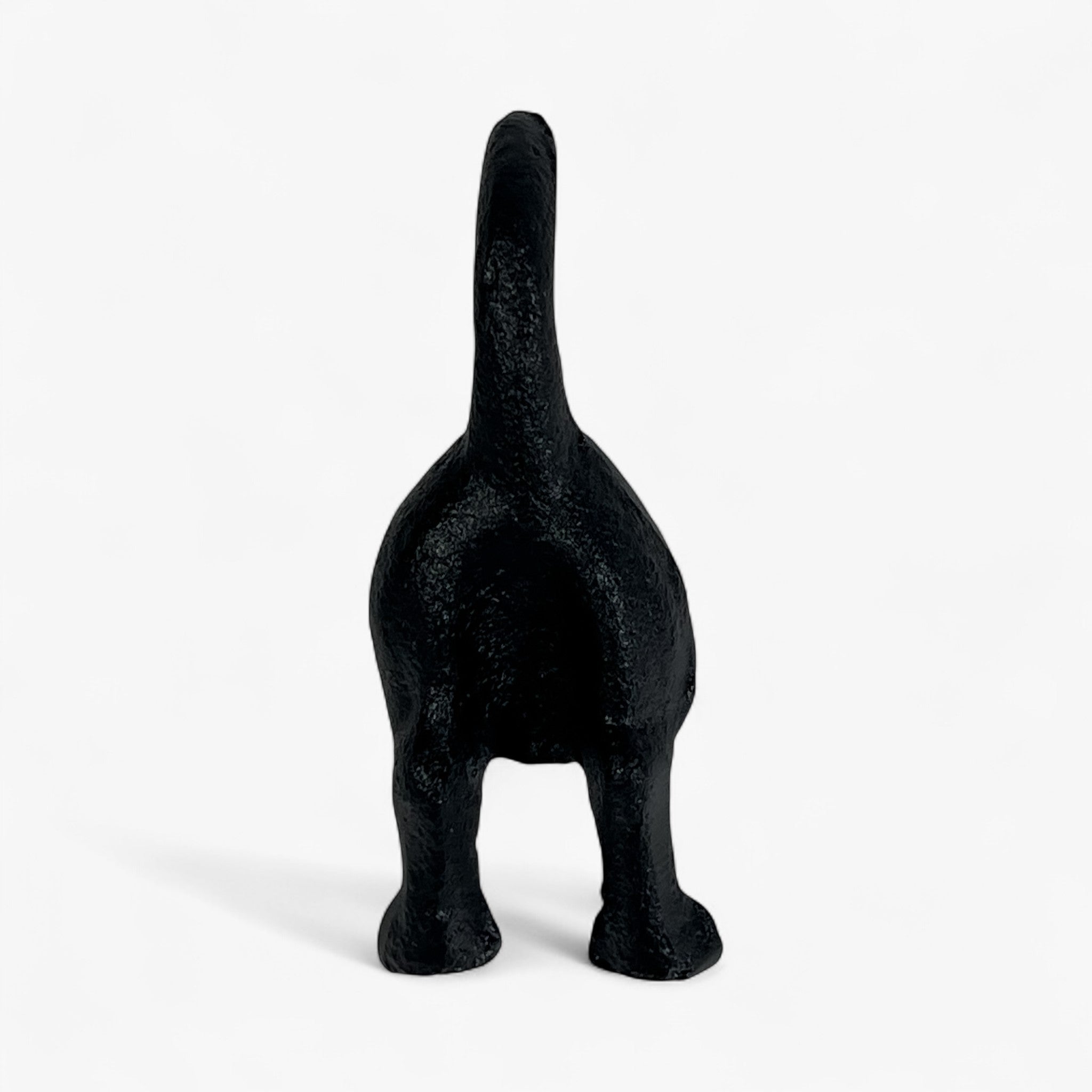 Cast iron dog sculpture rear angle, black metal finish, decorative home piece