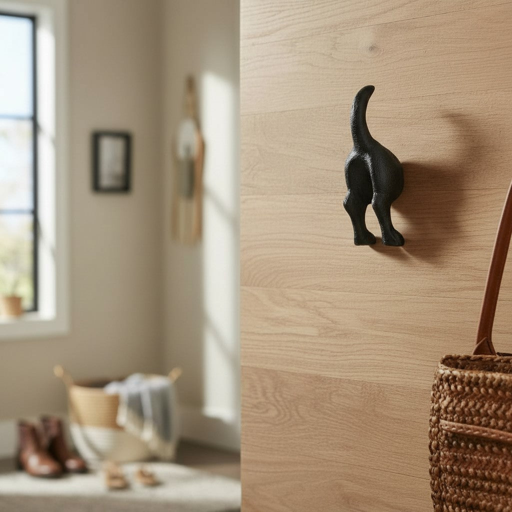 Black cast iron dog tail wall hook mounted on light wood wall, rustic home decor