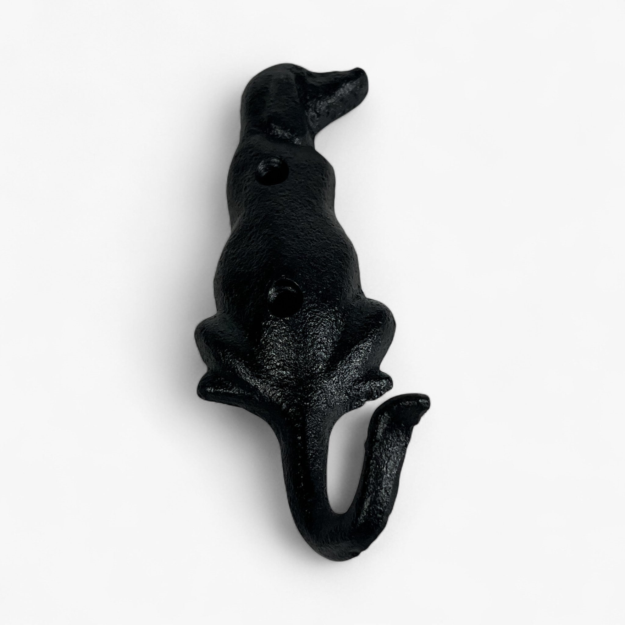 Cast iron black dog wall hook sitting position front-facing pose with realistic textured finish