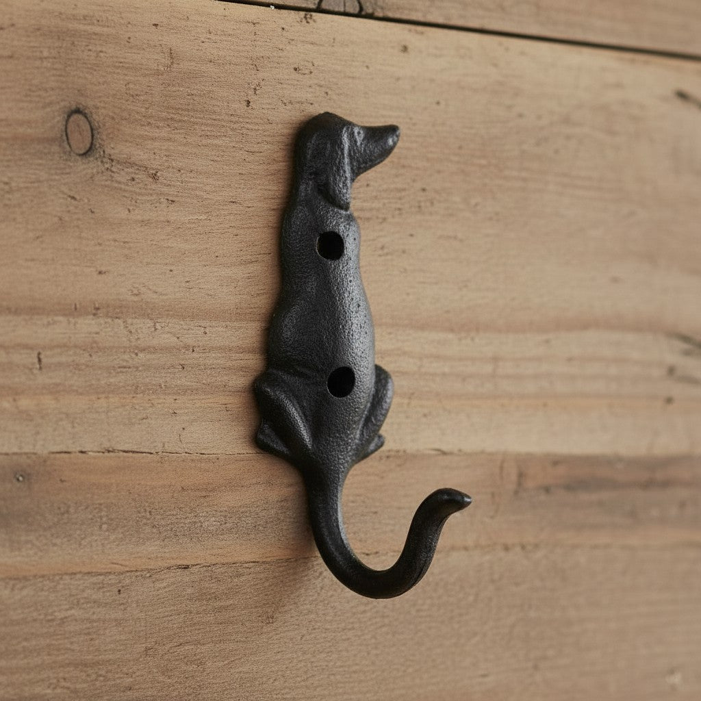 Black cast iron dog tail wall hook on rustic wood, front view showing mounting holes and curved tail