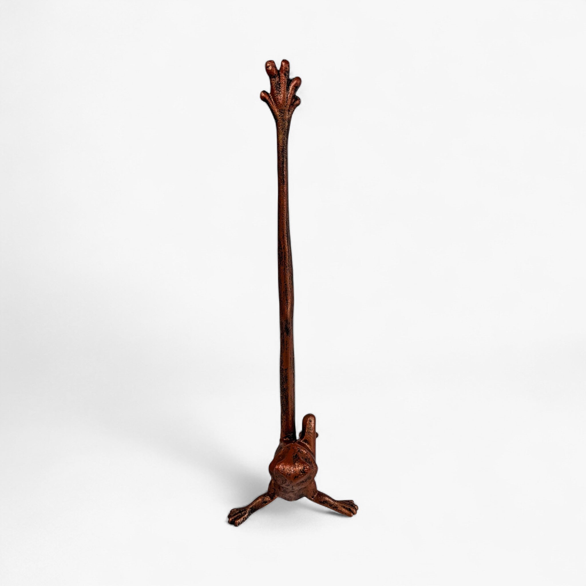 Weathered copper cast iron frog towel holder with tall curved stem and branched top vertical view