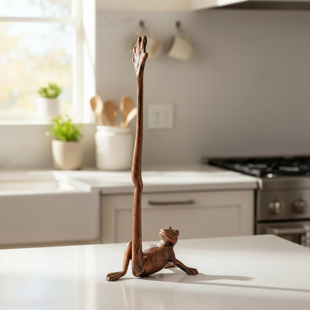Frog cast iron paper towel holder weathered copper finish in kitchen setting