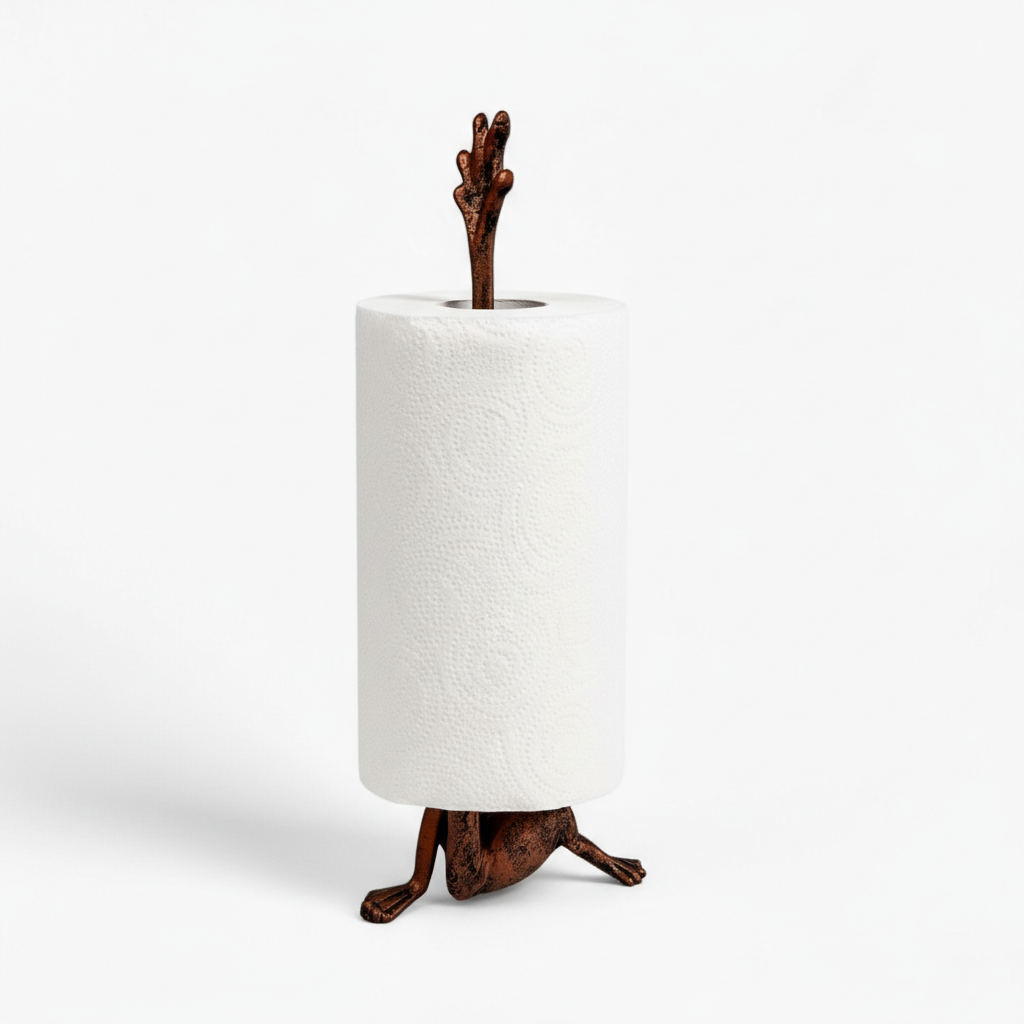 Weathered copper cast iron frog paper towel holder isolated view