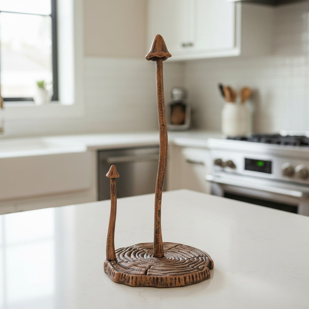 Rustic cast iron mushroom paper towel holder with tree-ring base on kitchen counter