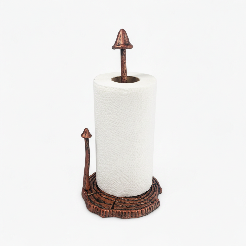 Mushroom paper towel holder cast iron with textured bronze finish and wood grain