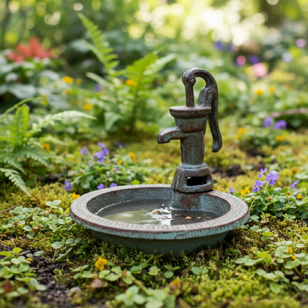 Verdigris cast iron water pump bird bath with basin in rustic garden setting with flowers