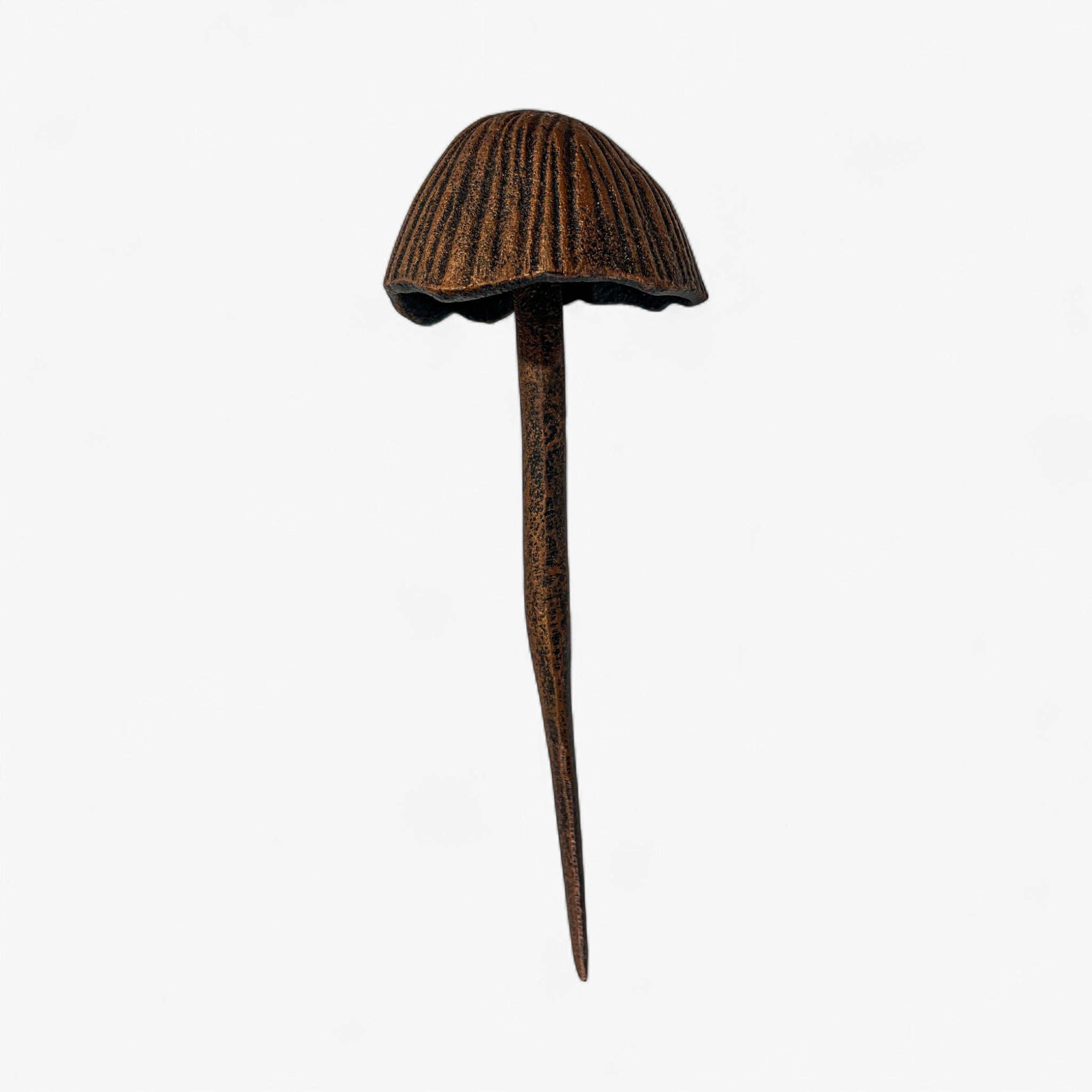 Copper-finish mushroom stake featuring ribbed umbrella-shaped cap with distressed patina