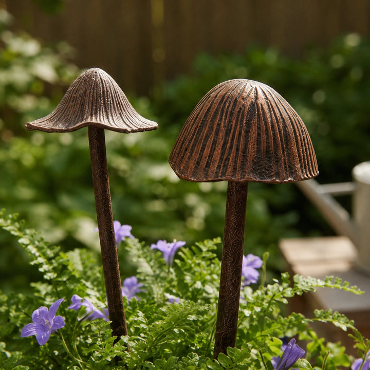 Mushroom Garden Stakes, Cast Iron Set of 2, Aged Copper Finish, 13" GB78014AB shot 1