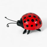 Red cast iron ladybug statue displaying shell opened to reveal black interior