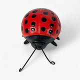 Cast iron ladybug garden figure showing polished red shell and textured base