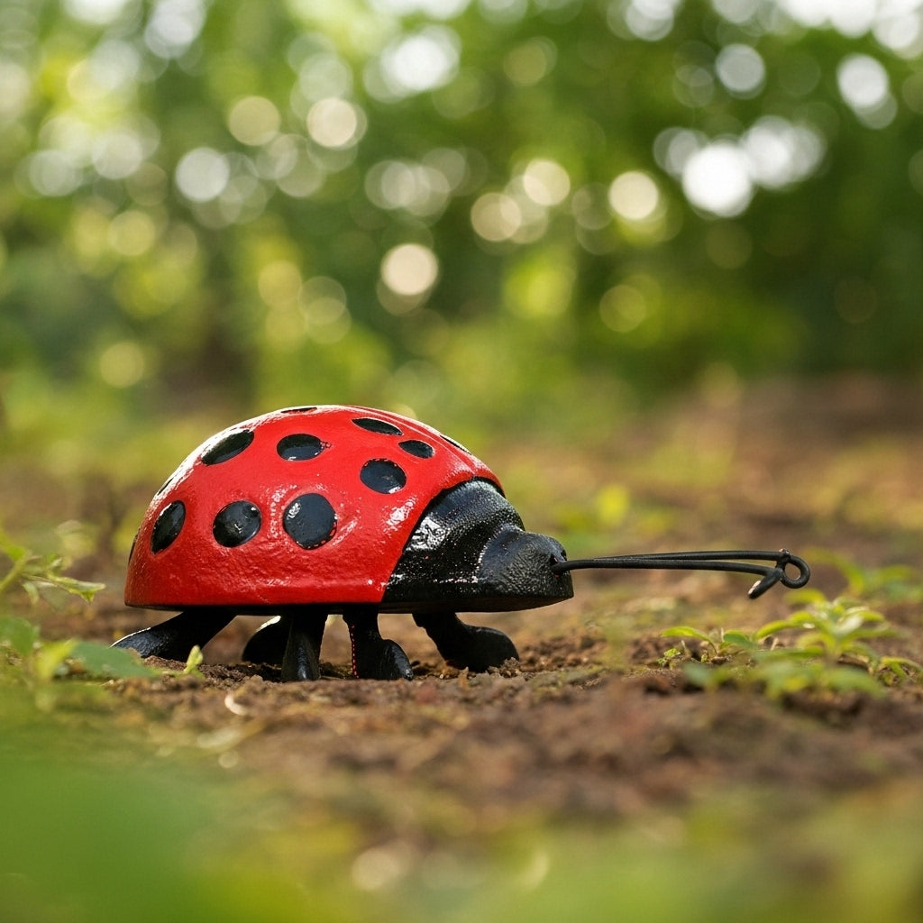 Red cast iron ladybug garden statue with black spots on grass